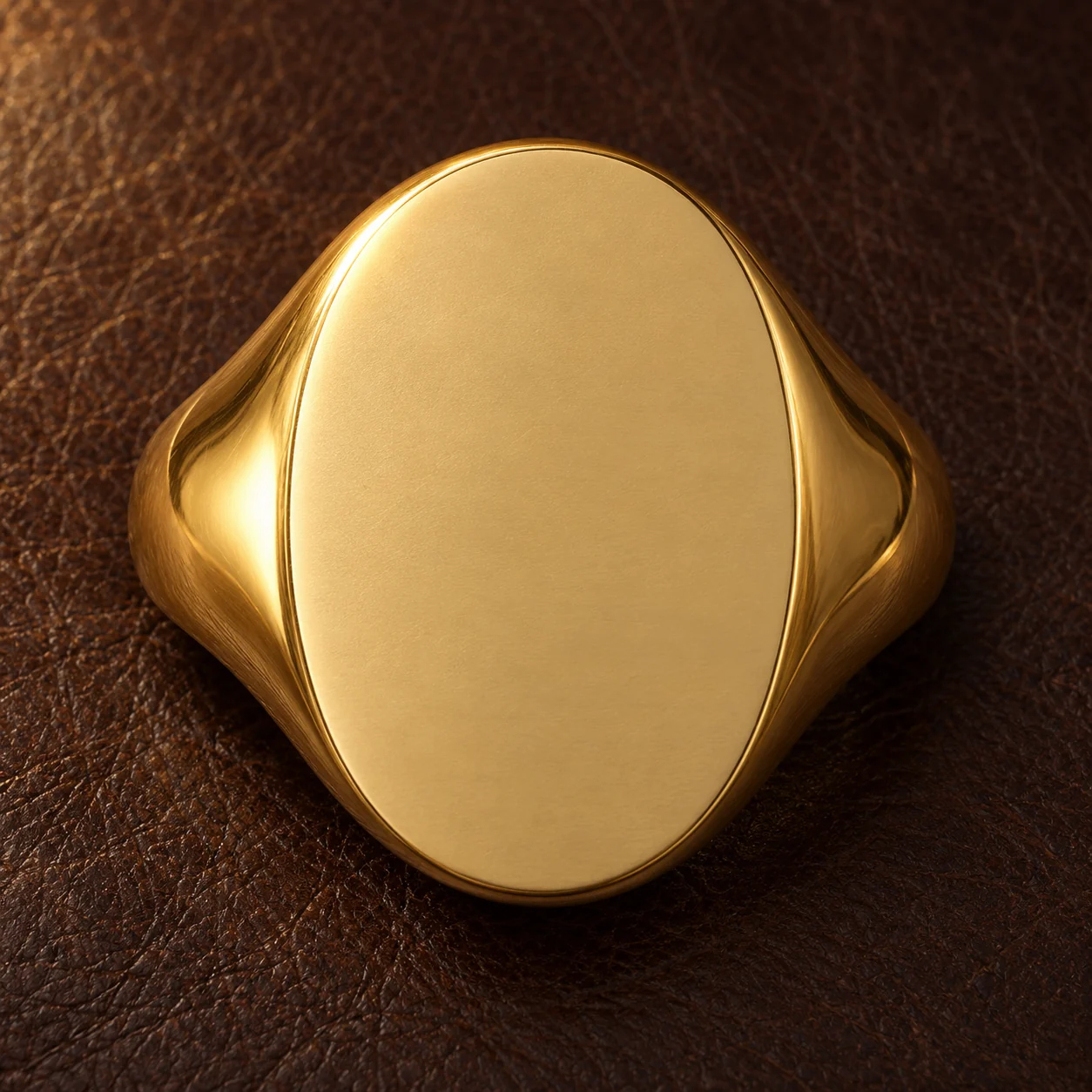 A plain yellow gold oval signet ring seen from above, showing your mark as it would be engraved