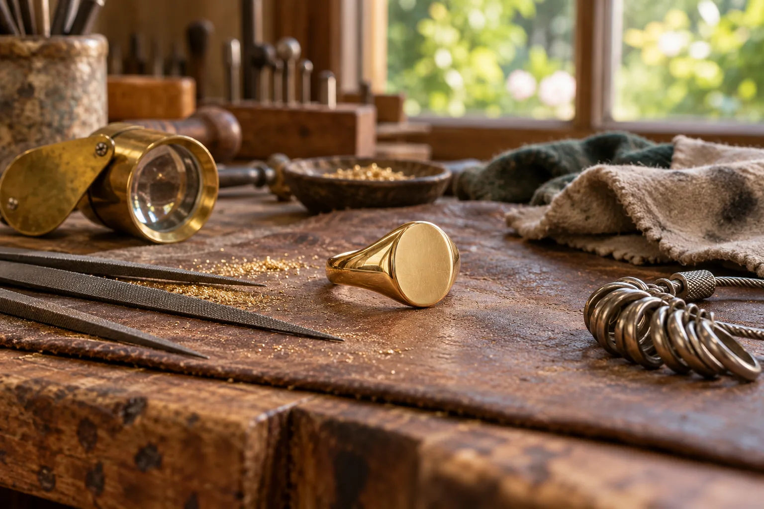 A gold signet ring on a jeweler's wooden bench among hand tools, in soft window light