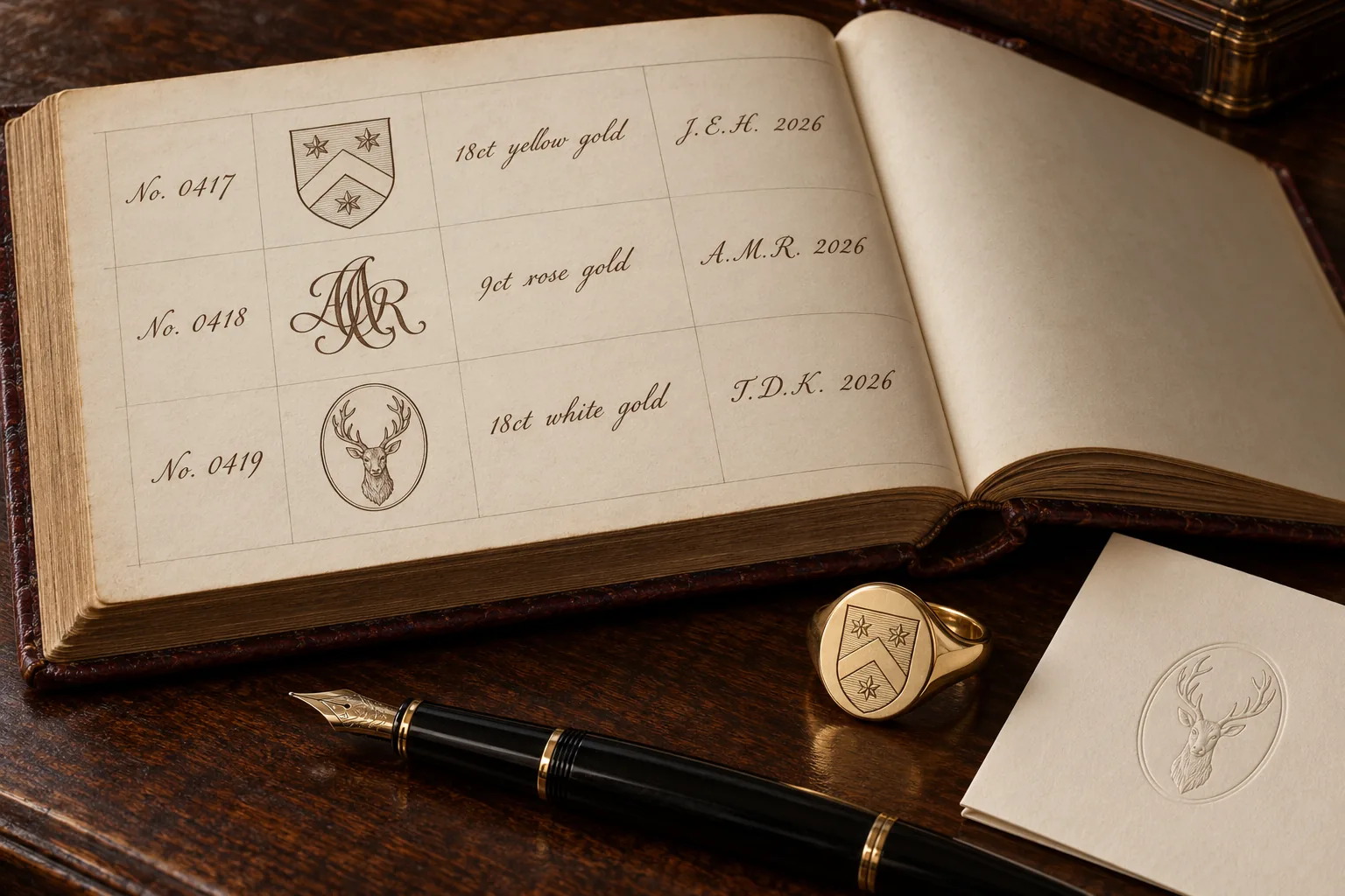 An open register book with handwritten entries beside a gold signet ring and a fountain pen