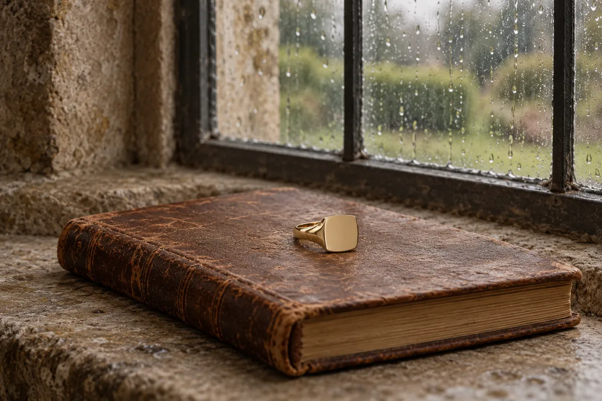 The Warden gold signet ring on an old leather book on a stone window ledge, with rain on the glass