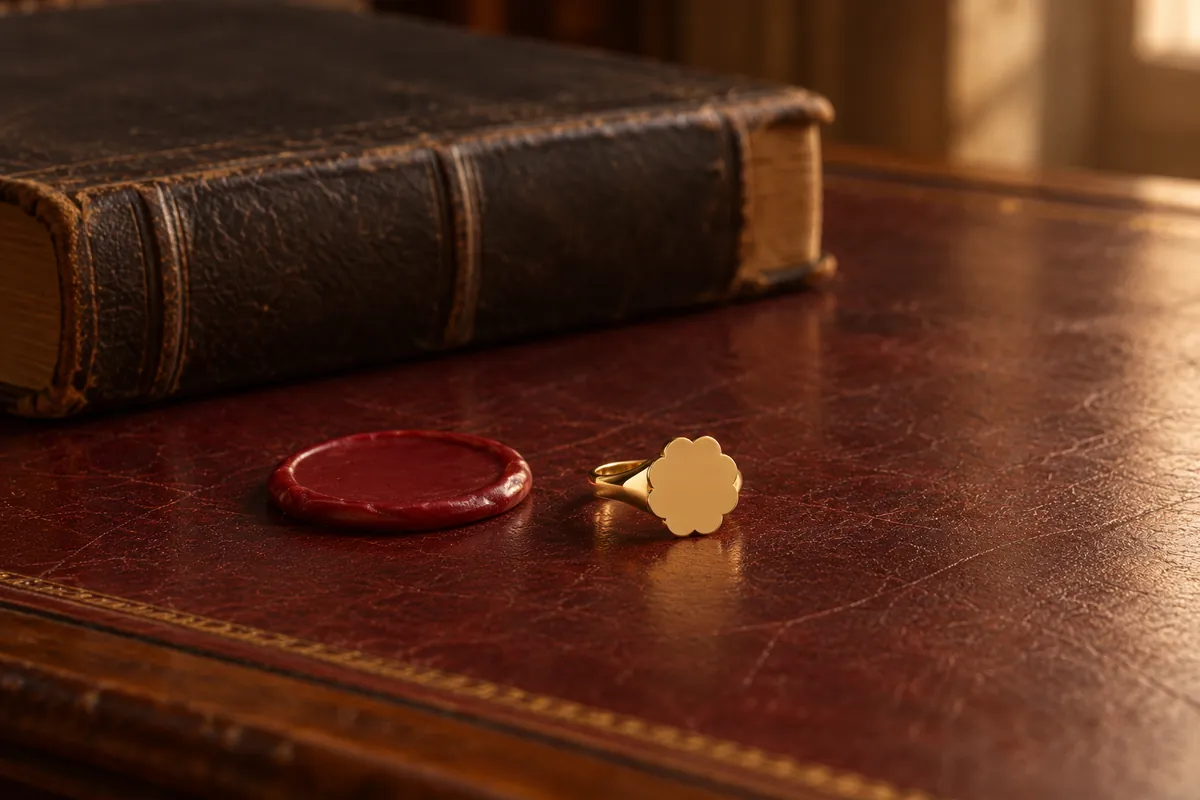 A gold signet ring beside a red wax seal on an old red leather desk