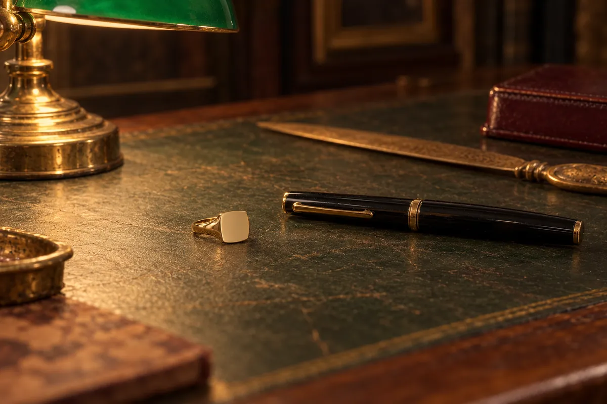 The Lineage gold signet ring on a green leather desk blotter beside a fountain pen and a brass letter opener