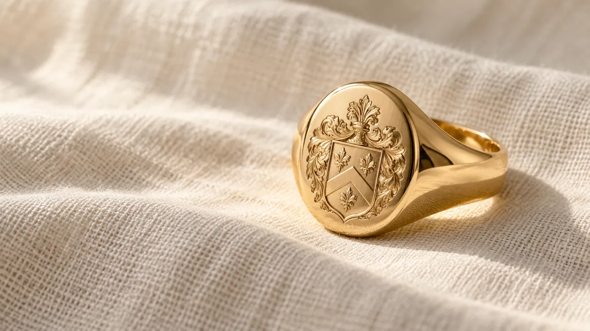A solid gold signet ring with an engraved crest resting on cream linen