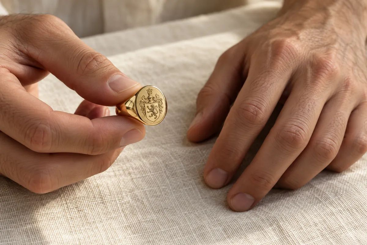 Holding a gold signet ring with an engraved crest next to the other hand to compare fingers