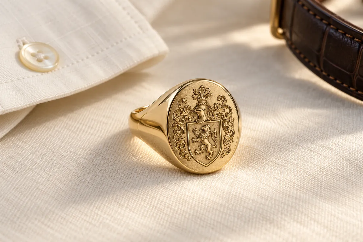 A gold signet ring with an engraved crest beside a cream shirt cuff and a leather strap